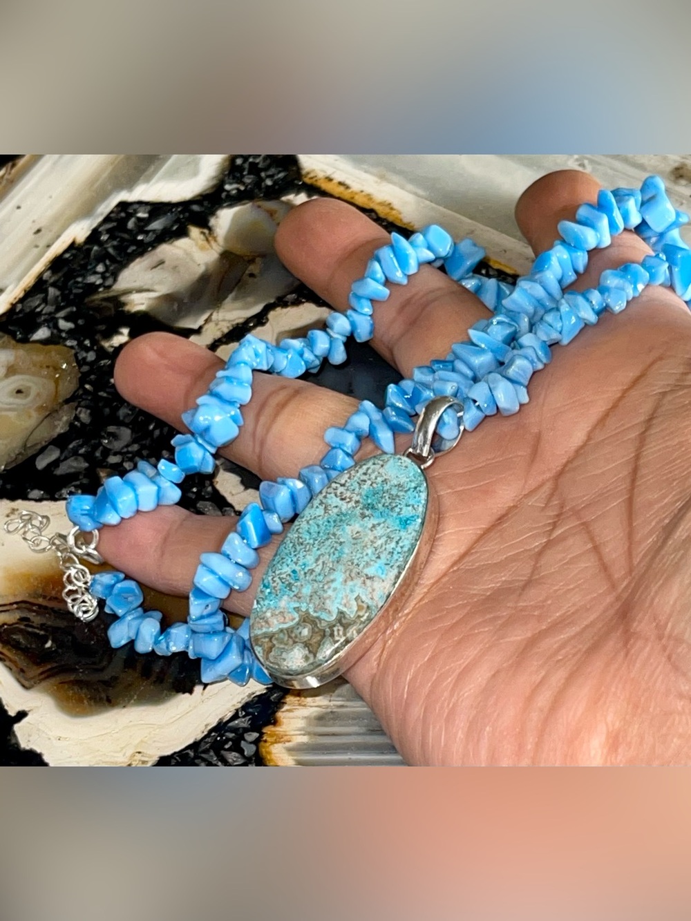 Blue Chalcedony Chip Necklace & Crazy Lace Agate Pendant - Stone of Harmony